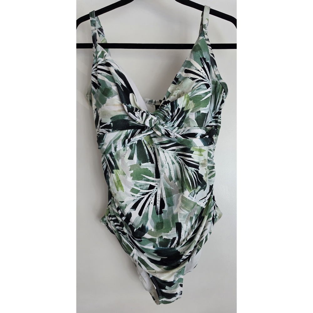 Niptuck Swim One Piece Swimsuit Size 12 Tropical Green Black White V-Neck